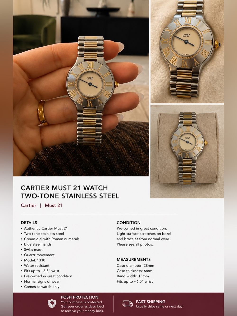 Cartier Must 21 Stainless Steel and  18k plate Gold Round Roman Numeral Watch